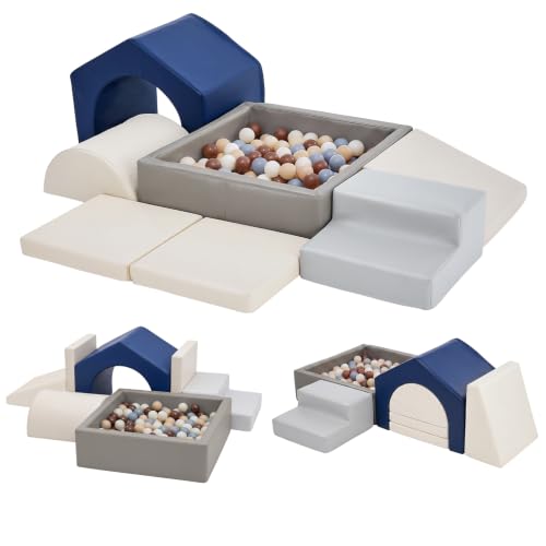 JungleDove Soft Foam Climbing Blocks for Toddlers – 7-Piece Ball Pit with Navy Blue Leather, Indoor Soft Play Gym, Montessori Activity Toys for Kids (82.7"×26.8"×18.5") - color: Navy Blue