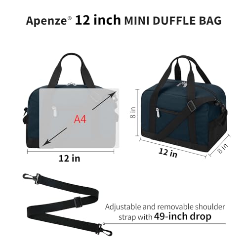Apenze Small Gym Bag Carry On Bag - 12 in Mini Duffle Bag Lightweight for Overnight Travel（Navy Blue） - color: Navy Blue, size: 12inch