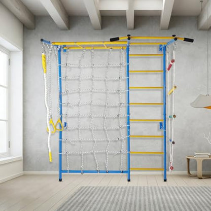 Wall-Mounted Indoor Fitness Station with Pull-Up Bar, Rope Ladder, Monkey Bars, Climbing Wall, Gymnastic Rings and Wall Ladder