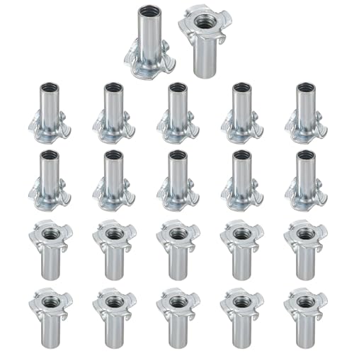 HARFINGTON 1/4x10mm T-Nuts 4 Pronged Tee Nut 0.68" x 0.89" Half Thread Carbon Steel Inserts for Wood, Rock Climbing Holds, Cabinetry, Furniture 50pcs - size: 1/4" x 0.39" x 0.68" x 0.89"