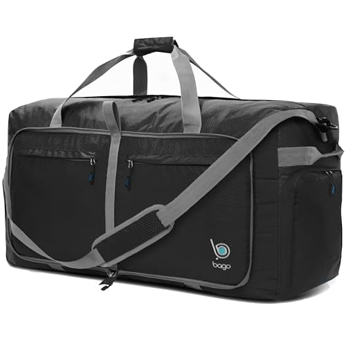 Bago Large Duffle Bag for Travel Women & Men. Durable Lightweight Foldable Travel Duffel Bags For Traveling Women. 100L Duffle Bags for Overnight Bag With Shoe Compartment Collapsible Weekender duffel - color: Black, size: 100L