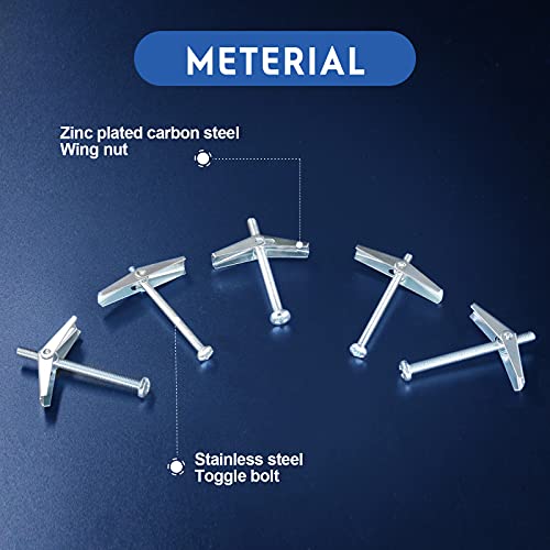 Glarks 30Pcs 1/8'' Zinc Plated Steel Round Head Toggle Bolt and Wing Nut for Hanging Heavy Items on Drywall (1/8'') - size: 1/8''