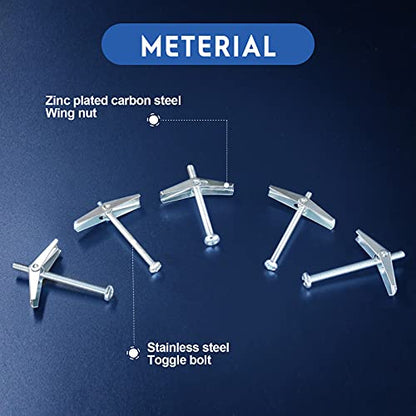 Glarks 30Pcs 1/8'' Zinc Plated Steel Round Head Toggle Bolt and Wing Nut for Hanging Heavy Items on Drywall (1/8'') - size: 1/8''