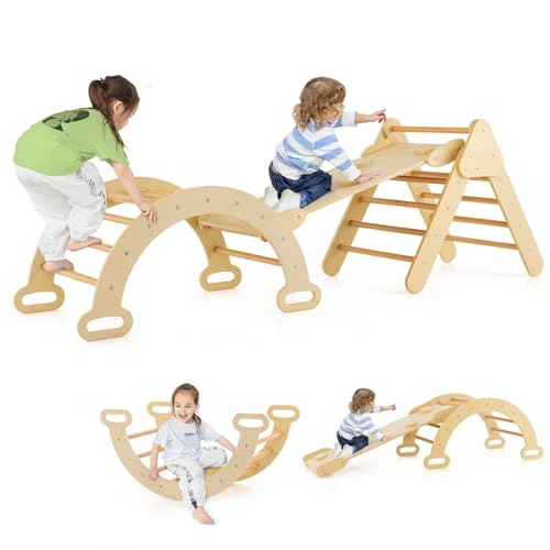 Costzon Climbing Toys for Toddlers, 5 in 1 Foldable Montessori Wooden Arch Climber Ladder with Sliding Ramp, Multi-Combination Methods, Kids Triangle Climber Play Gym Set for Boys Girls Present - style: 5 in 1 Arch Climber Ladder, Natural