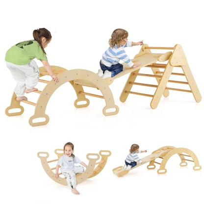 Costzon Climbing Toys for Toddlers, 5 in 1 Foldable Montessori Wooden Arch Climber Ladder with Sliding Ramp, Multi-Combination Methods, Kids Triangle Climber Play Gym Set for Boys Girls Present - style: 5 in 1 Arch Climber Ladder, Natural