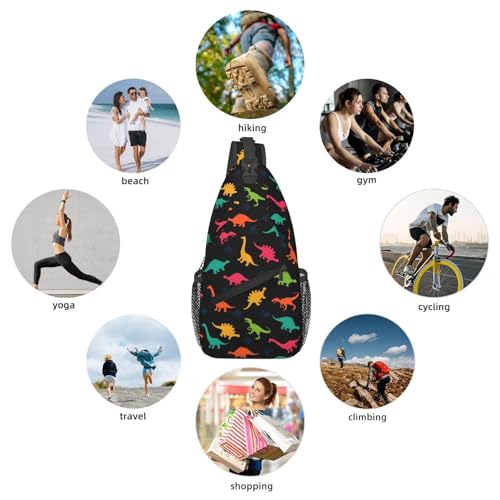 Cartoon Dinosaur Crossbody Sling Bags for Women Men Colorful Dinosaur Silhouettes Childish Pattern Travel Sling Backpack Casual Shoulder Bag Cute Animal Print Gym Sports Hiking Daypack - color: Green Yellow Red