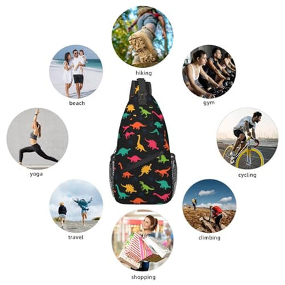 Cartoon Dinosaur Crossbody Sling Bags for Women Men Colorful Dinosaur Silhouettes Childish Pattern Travel Sling Backpack Casual Shoulder Bag Cute Animal Print Gym Sports Hiking Daypack - color: Green Yellow Red