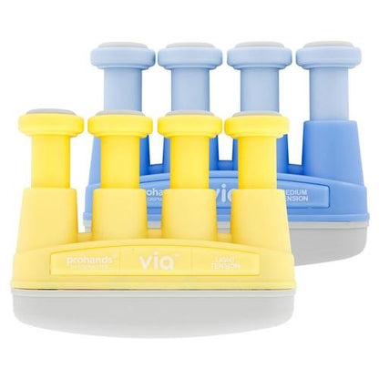 Prohands VIA Hand Exerciser, Finger Exerciser (Hand Grip Strengthener), Spring-Loaded, Finger-Piston System, Isolate and Exercise Each Finger, (6 lb Medium Tension, Blue-Via Music) - color: Blue