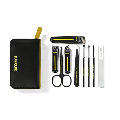 9-in-1 Manicure and Pedicure Kit for Men & Women, Travel Nail Clipper Set with Stainless Steel Tools & Glass Nail File, Portable Grooming Kit in PU Leather Case, Personal Care Gift - color: Yellow-Black