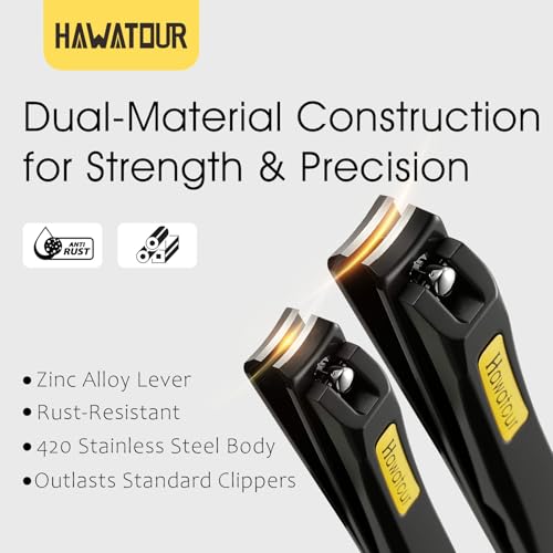 HAWATOUR Nail Clippers Set, Curved Stainless Steel Blade, Black | Professional Fingernail & Toenail Clippers, Compact Tin Case
