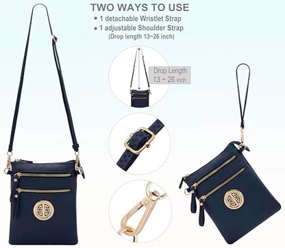 Solene Small Multi Zipper Pockets Crossbody Bag with Detachable Wristlet - color: Navy