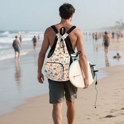 Drawstring Backpacks Climbing Gym Bag With Inside Pockets Pull String Bag Waterproof Autumn Mushrooms Watercolor