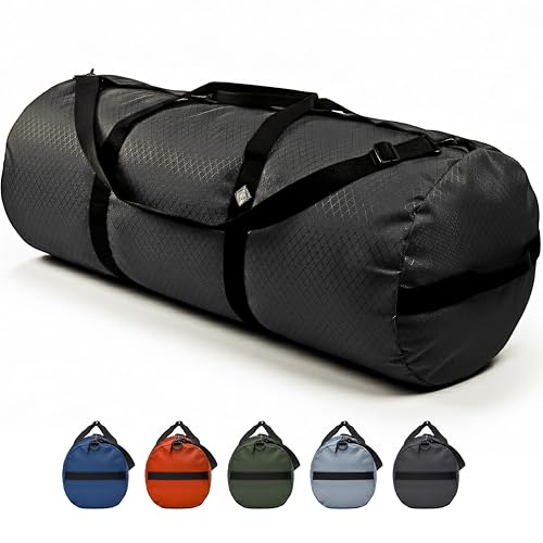 175L Extreme Heavy Duty Duffle Bag, Weatherproof Ripstop Travel Gear Bag | Folds flat for storage. #10 double-slider zipper with splash cover. Wraparound handles rated for heavy loads. - color: Black, size: 18” x 42" (175 Liters)