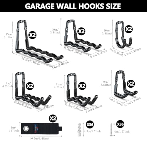 3-H Super Heavy Duty Garage Hooks 14 Pack, One-Piece Construction Garage Wall Hooks, Garage Hanger & Organizer Wall Mount for Ladders, Bikes, Chairs, WeedEaters, Shovels, Garden Tools (Black) | Upgraded Patented One-Piece Stamped Garage Storage Hooks, Zer