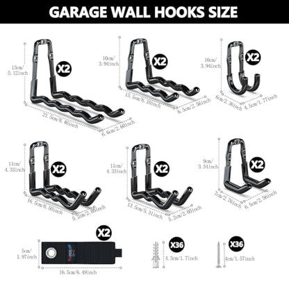 3-H Super Heavy Duty Garage Hooks 14 Pack, One-Piece Construction Garage Wall Hooks, Garage Hanger & Organizer Wall Mount for Ladders, Bikes, Chairs, WeedEaters, Shovels, Garden Tools (Black) | Upgraded Patented One-Piece Stamped Garage Storage Hooks, Zer