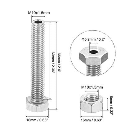 PATIKIL M10x60mm Hollow External Hexagon Screw, 2 Set Cylindrical Lamp Threading Socket Screws Through Hole Bolt with Nut 304 Stainless Steel - size: 60mm