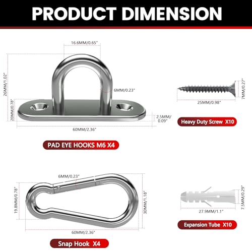 sprookber 304 Stainless Steel Pad Eye Snap Hooks, M6 Heavy Duty Ceiling Hooks, 800 lb Capacity Hammock Swing Hanging kit, Plant Hangers, Marine Hardware Staple Hook Loop with Screws, Set of 8 - size: 2.3 inch, style: Oval