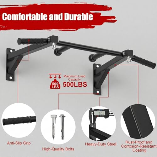 Upgrade Wall Mount Pull Up Bar, Heavy Duty Steel PullUp Bar Fits 24'' Wood Studs, Multi Grip Pull Up Bar with Ball Finger & Round Rings, for Home Gym Garage Basement Strength Training Chin Up Bar
