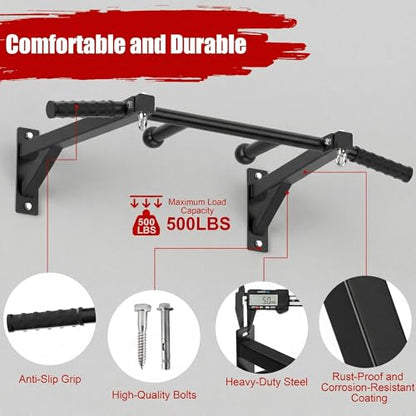 Upgrade Wall Mount Pull Up Bar, Heavy Duty Steel PullUp Bar Fits 24'' Wood Studs, Multi Grip Pull Up Bar with Ball Finger & Round Rings, for Home Gym Garage Basement Strength Training Chin Up Bar