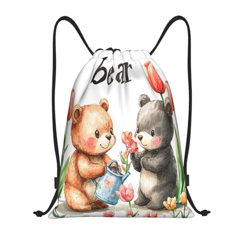 Drawstring Sports Backpacks - Lightweight Swim Gym Bags for Women Men String Sackpack for Beach Travel Yoga(Medium, Cute Bear Flower) - color: Cute Bear Flower, size: Medium