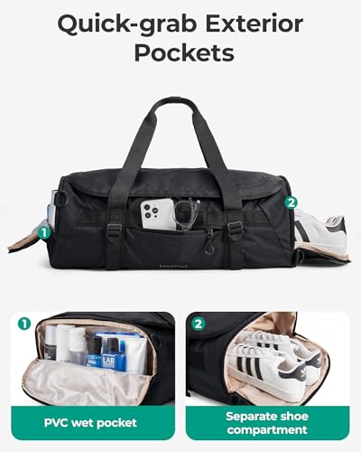 BAGSMART 4-IN-1 Duffle Bag for Travel, 40L Travel Bag Gym Duffle, TSA Carry on Backpack with Shoes Compartment & Wet Pocket, Water-resistant Workout Duffel, Grey - color: Gray