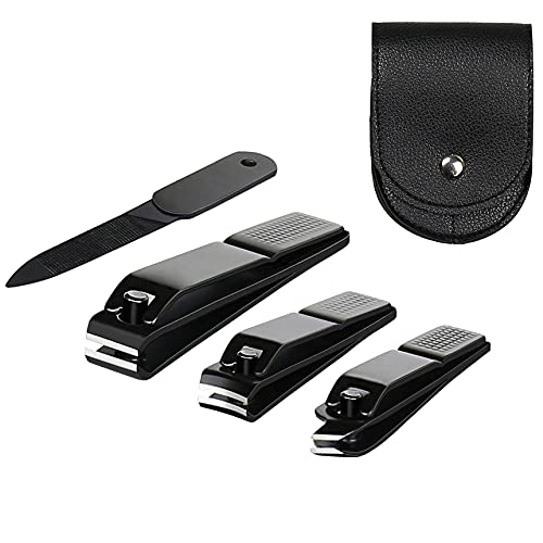 4 Pieces Nail Clippers Set, Ultra Sharp Sturdy Black Stainless Fingernail, Toenail Clipper Cutters and a nial File with Leather Travel Pouch (Black& Black Pouch)