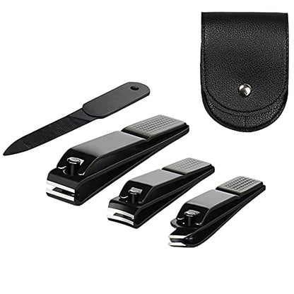 4 Pieces Nail Clippers Set, Ultra Sharp Sturdy Black Stainless Fingernail, Toenail Clipper Cutters and a nial File with Leather Travel Pouch (Black& Black Pouch)