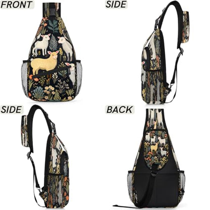 Sheep Flowers Sling Bags for Women Men, Waterproof Crossbody Sling Backpack Travel Outdoor Sports Chest Bag - color: Black