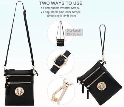 Solene Small Multi Zipper Pockets Crossbody Bag with Detachable Wristlet - color: Black