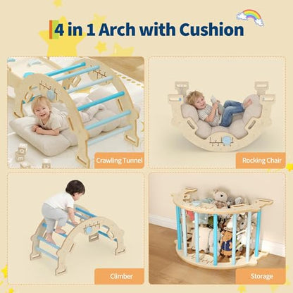 OUTLANE Pikler Triangle Set, 7-in-1 Foldable Wooden Toddler Climbing Toys Indoor, Jungle Gym for Toddlers, Large Montessori Climbing Set with Reversible Slide, Arch Ramp, Ladder & Cushion (Blue) - color: Blue