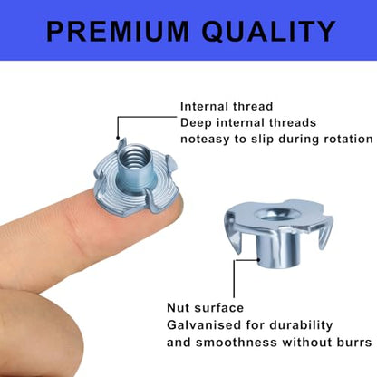 100pcs 1/4"-20 T-Nut, Zinc-Plated Steel Threaded Insert Corrosion Resistant,5/16" Barrel Length,4-Pronged Tee Nut for Wood,Rock Climbing Holds,Home,Cabinetry, Furniture,etc.