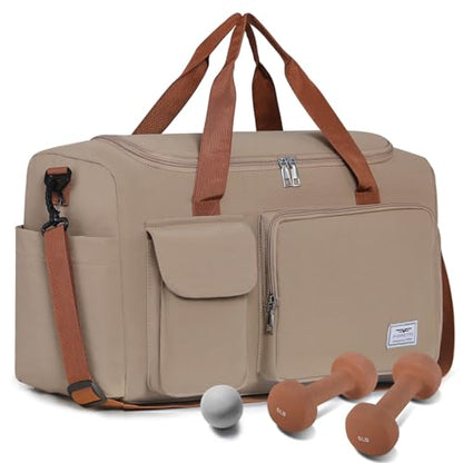 FIORETTO Women's Gym Duffle Bag with Shoes Compartment, 30L Capacity, Ideal for Travel, Gym, Sports, Duffel, Weekender - color: Khaki, style: Gym Bag