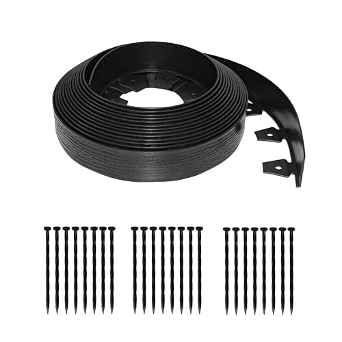 EasyFlex Tall Wall No-Dig Landscape Edging with Anchoring Spikes, 2.5 in. Tall Straight Top Plastic Garden Border with Woodgrain Texture, 40 Foot Kit, Black (3220E-40C) - color: Black, size: 40 Foot, style: Tall Wall