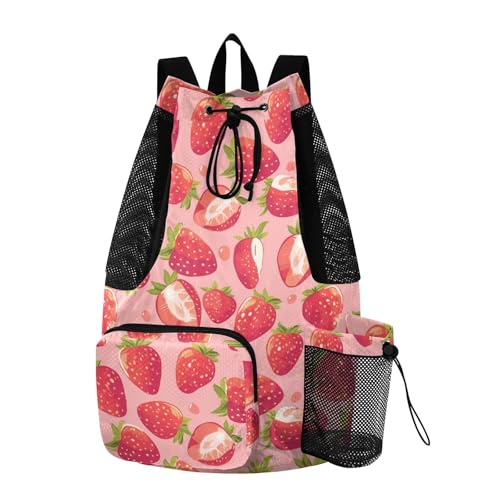 Drawstring Bags Climbing Gym Bag With Inside Pockets String Bag Wet and Dry Separation Peach Red Strawberries