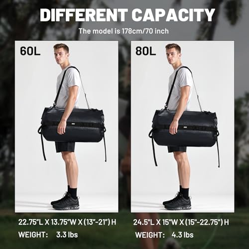 MIER Large Waterproof Duffel Bag - 60L/80L Dry Bag Backpack | Detachable Backpack Straps; Multi-Pockets; Roll-Top with Hook-and-Loop Closure; Motorcycle, Kayaking, Gym, Beach, Boating - color: Black, size: 60L