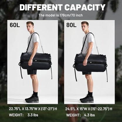 MIER Large Waterproof Duffel Bag - 60L/80L Dry Bag Backpack | Detachable Backpack Straps; Multi-Pockets; Roll-Top with Hook-and-Loop Closure; Motorcycle, Kayaking, Gym, Beach, Boating - color: Black, size: 60L
