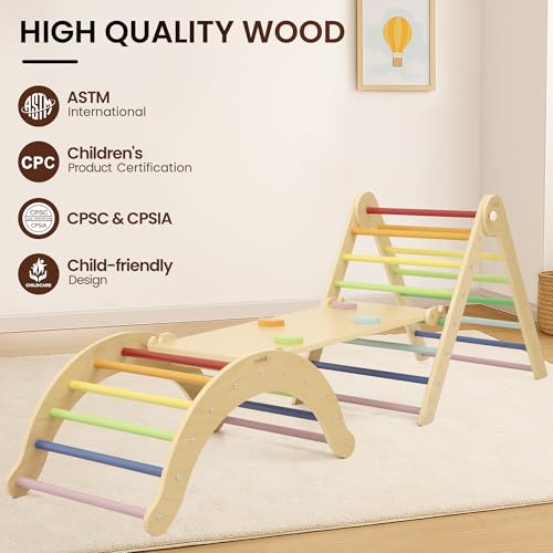 Belleur Pikler Triangle Set, 7-in-1 Foldable Climbing Toys for Toddlers 1-6 Years Old, Wooden Montessori Climbing Set with Arch, Ramp & Ladder, Baby Indoor Climber Jungle Gyms - Rainbow - color: Rainbow