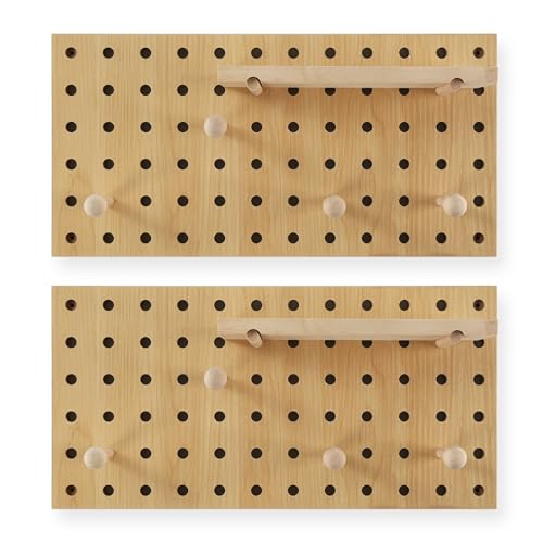 2 Pack Beige Wooden Pegboard Modular Wall Organizer | Includes hooks & shelf, multi-use for home/office/bathroom/laundry room - color: Begie