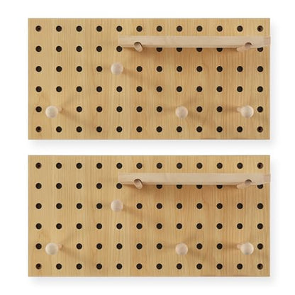 2 Pack Beige Wooden Pegboard Modular Wall Organizer | Includes hooks & shelf, multi-use for home/office/bathroom/laundry room - color: Begie