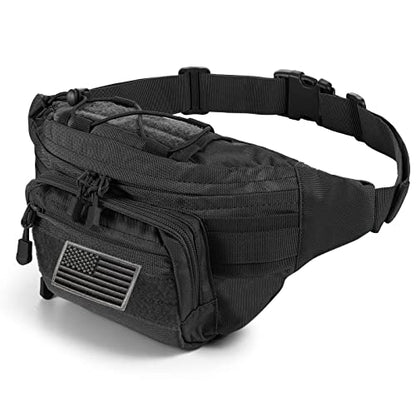 FRTKK Tactical Fanny Pack Military Waist Bag Pack with USA Flag Patch Utility Hip Pack with Adjustable Strap for Outdoors Fishing Cycling Camping Hiking Dog Walking (Black 2) - color: Black 2