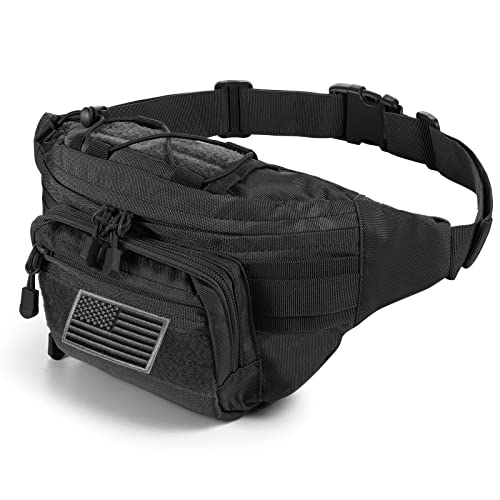 FRTKK Tactical Fanny Pack Military Waist Bag Pack with USA Flag Patch Utility Hip Pack with Adjustable Strap for Outdoors Fishing Cycling Camping Hiking Dog Walking (Black 2) - color: Black 2