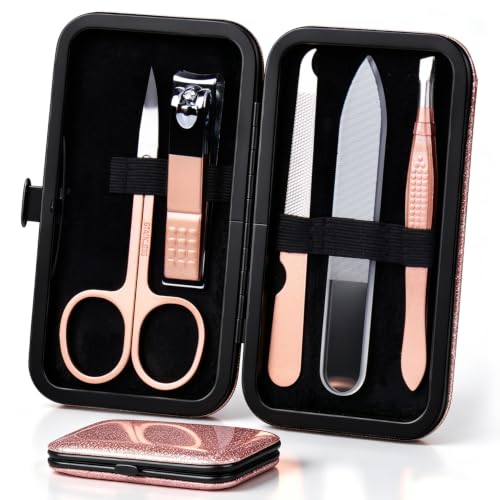HANTEKAS Manicure Set Nail Clippers Kit 5 Pieces in 1 Stainless Steel Professional Grooming Nail Care Tools Including Nano Glass Nail Shiner Buffer File Gift for Men Husband Boyfriend Parents Women - color: Black-rose Gold, 5pcs