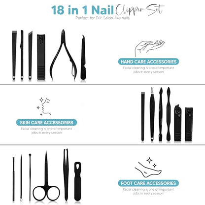 Utopia Care Manicure Set Professional Nail Clippers Kit | 18 Pcs Manicure & Pedicure Nail Kit for Men Women with Fingernail & Toenail Clippers and Premium Travel Case - color: Black, size: 18 Piece Set