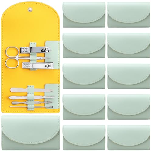 12 Set Manicure Set Bulk Mini Manicure Nail Clipper Kit 7 in 1 Stainless Steel Professional Nail Care Pedicure with Travel Portable Bag Grooming Kits for Women Men Home(Light Green) - color: Light Green