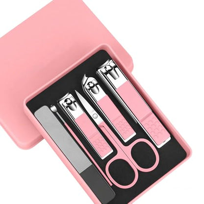 Travel-Friendly Nail Clipper Set, Stainless Steel Manicure Kit with Ear Pick, Nail File and Toenail Clippers, Portable Grooming Tools for Fingernails, Hands and Feet - color: Pink