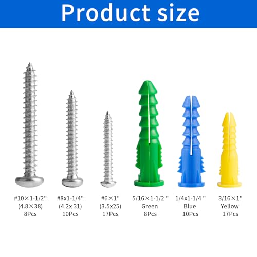 70 Pcs Drywall Screws and Anchors, Drywall Anchors and Screws Kit, Heavy Duty Concrete Screw Set with Wall Anchor Set for Plasterboard Masonry Concrete Brick Cement Walls Picture Hanging Set