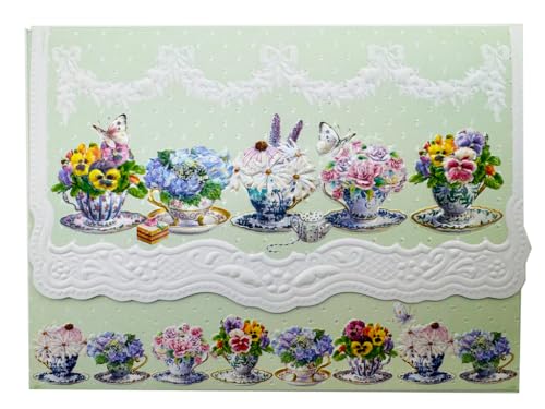 Poster Foundry Pansy Teacups Boxed Note Cards by Carol Wilson. 10 embossed 4x5 Die-Cut Notecards and Matching Envelopes in Decorative Gift Box with Magnetic Flap. NCP2105 - color: Floral - Teacups and Pansies, style: 1 Gift Box Set / 10 Cards Total