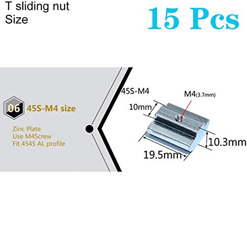 15pcs 4545 Series Sliding T Nuts Metric M4 Thread Slide in Hammer Head T-Nut for Standard 10mm T-Slot Aluminum Extrusion Profile （4545 Series M4） - size: 4545 Series M4