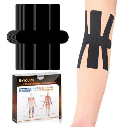 KTQUICK Precut Kinesiology Tape for Elbow Valgus –12PCS Pain Relief Athletic Tape, Waterproof & Hypoallergenic Latex-Free, Elastic Breathable Long-Lasting Elbow Support Tape for All(Black)