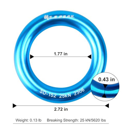 25kN Aluminum Rappel Ring, Perfect Tension O-Ring, Connection Ring for Rock Climbing, Arborist, Gold/Blue - color: big blue-2 pack